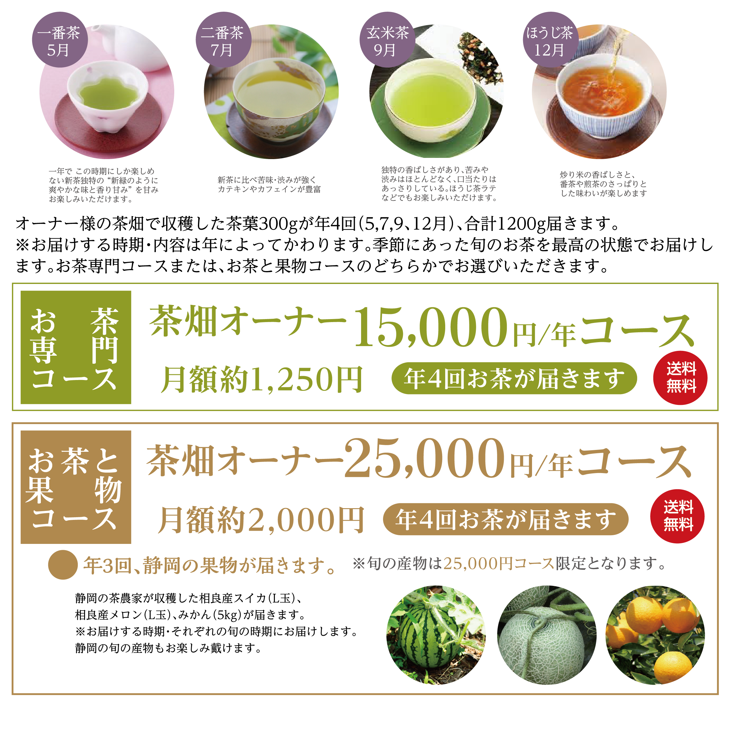 オーナー様の茶畑で収穫した茶葉300gが年4回（5,7,9,12月）届きます。